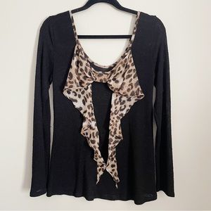 Daytrip black knit long sleeve sweater with leopard print bow in back size small